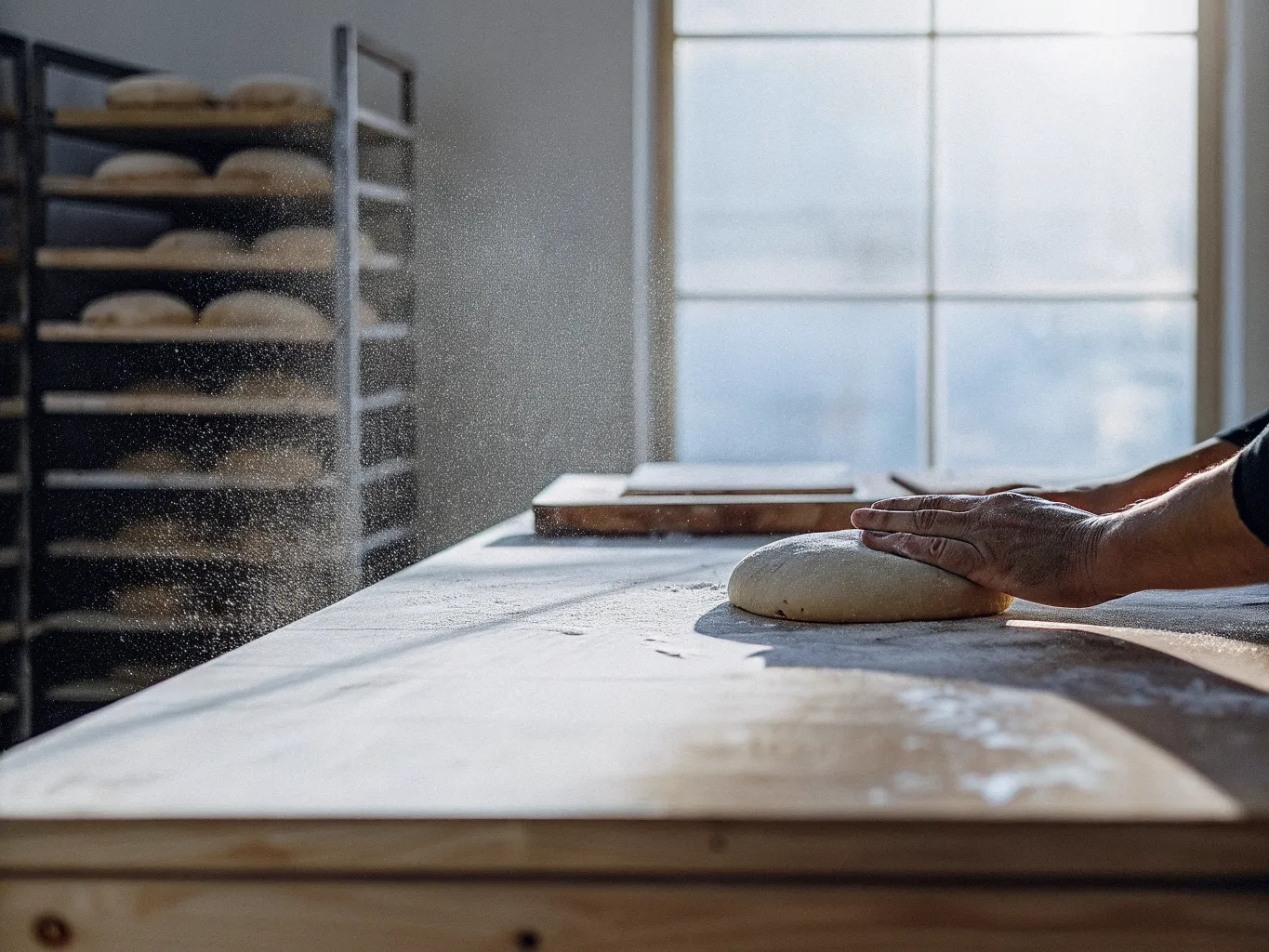 A baker's floured hands shaping a round of dough on a wooden worktable inside a small bakery kitchen, with racks of proofing loaves visible in the background.