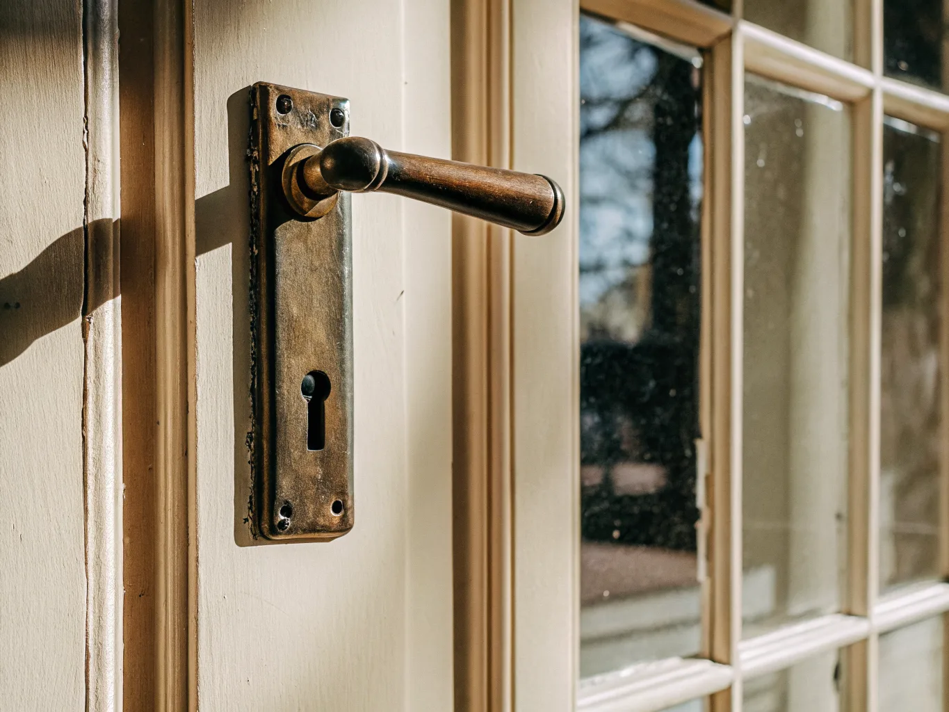 A close view of an aged brass lever handle and keyhole plate on a heavy panelled door in warm afternoon light