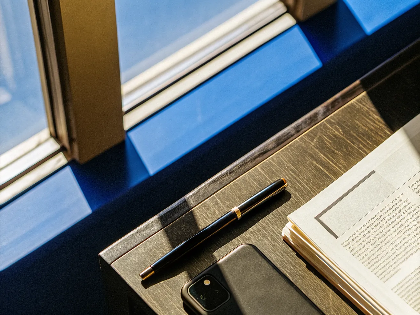 A phone face down on a desk beside a printed credit report and a pen resting on the tradeline column