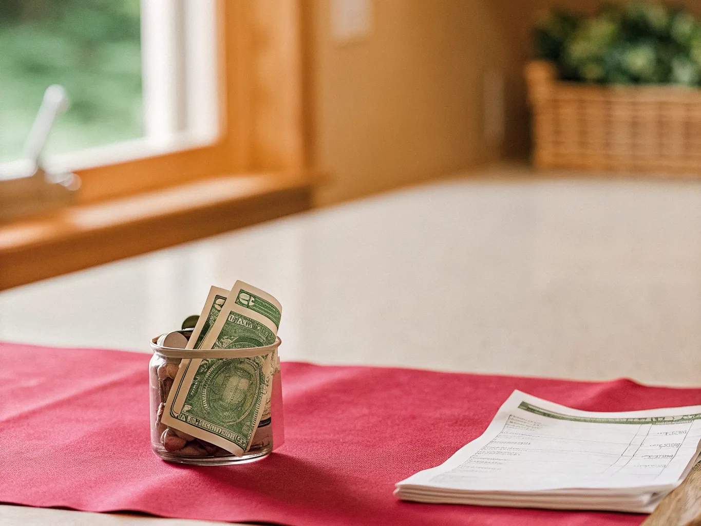 A small glass jar holding coins and folded dollar bills sits on a kitchen counter beside a grocery receipt and checkbook in warm window light.