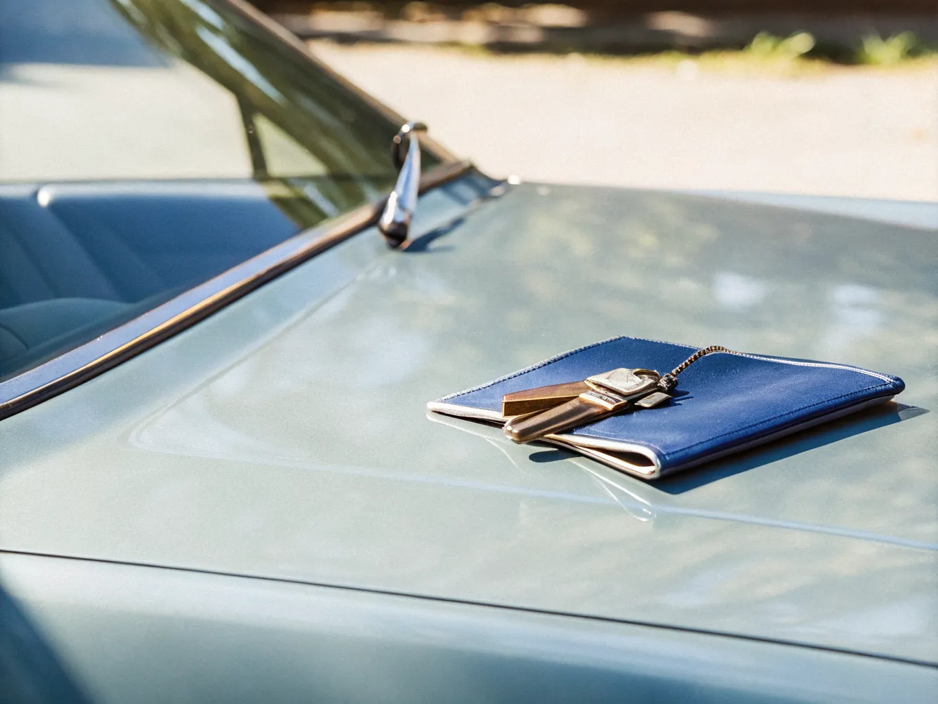 Car keys resting on a folded document on the hood of a sedan in afternoon light