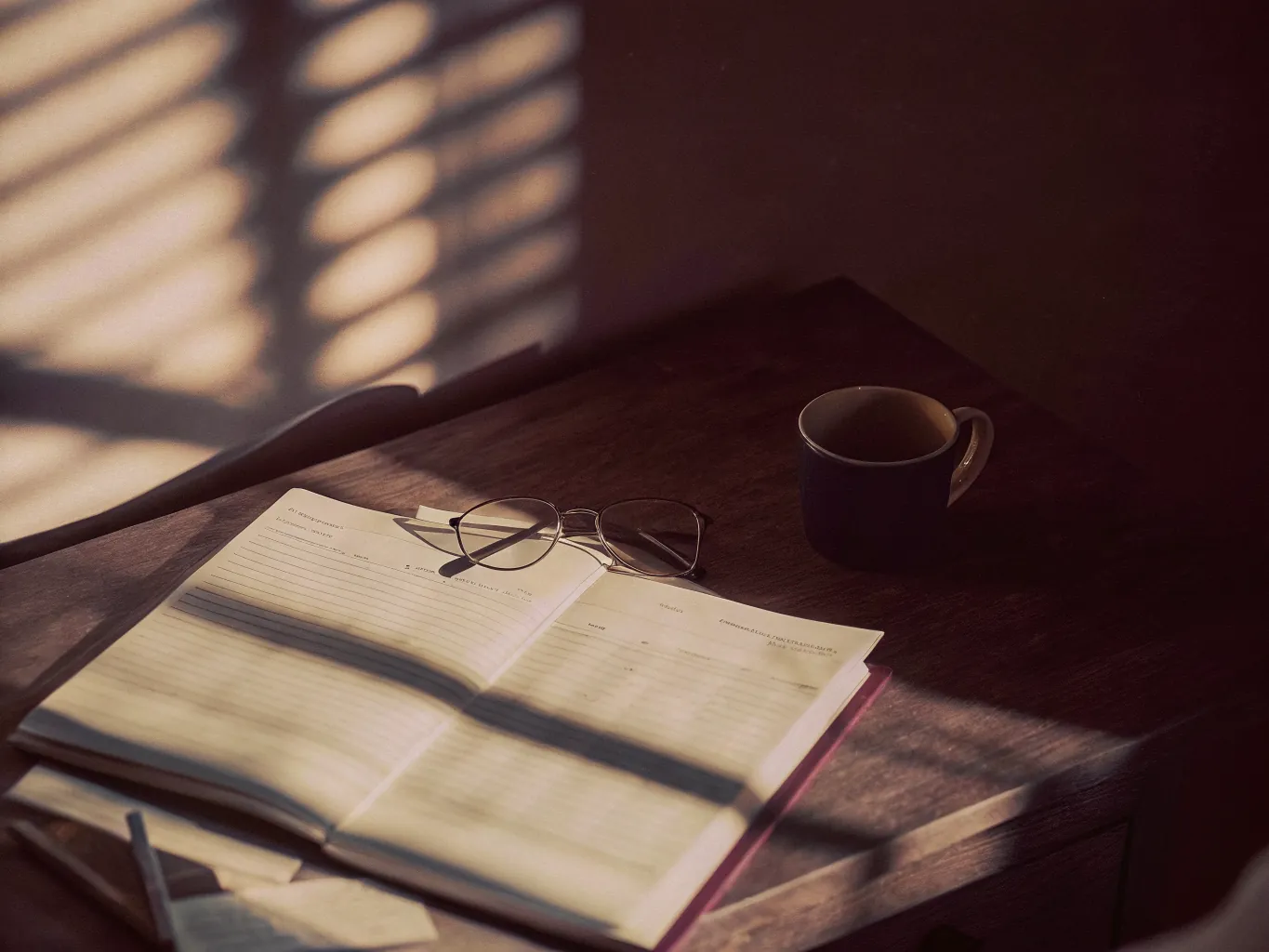 Open ledger and reading glasses on a dark wood desk with late afternoon blind shadows across the wall