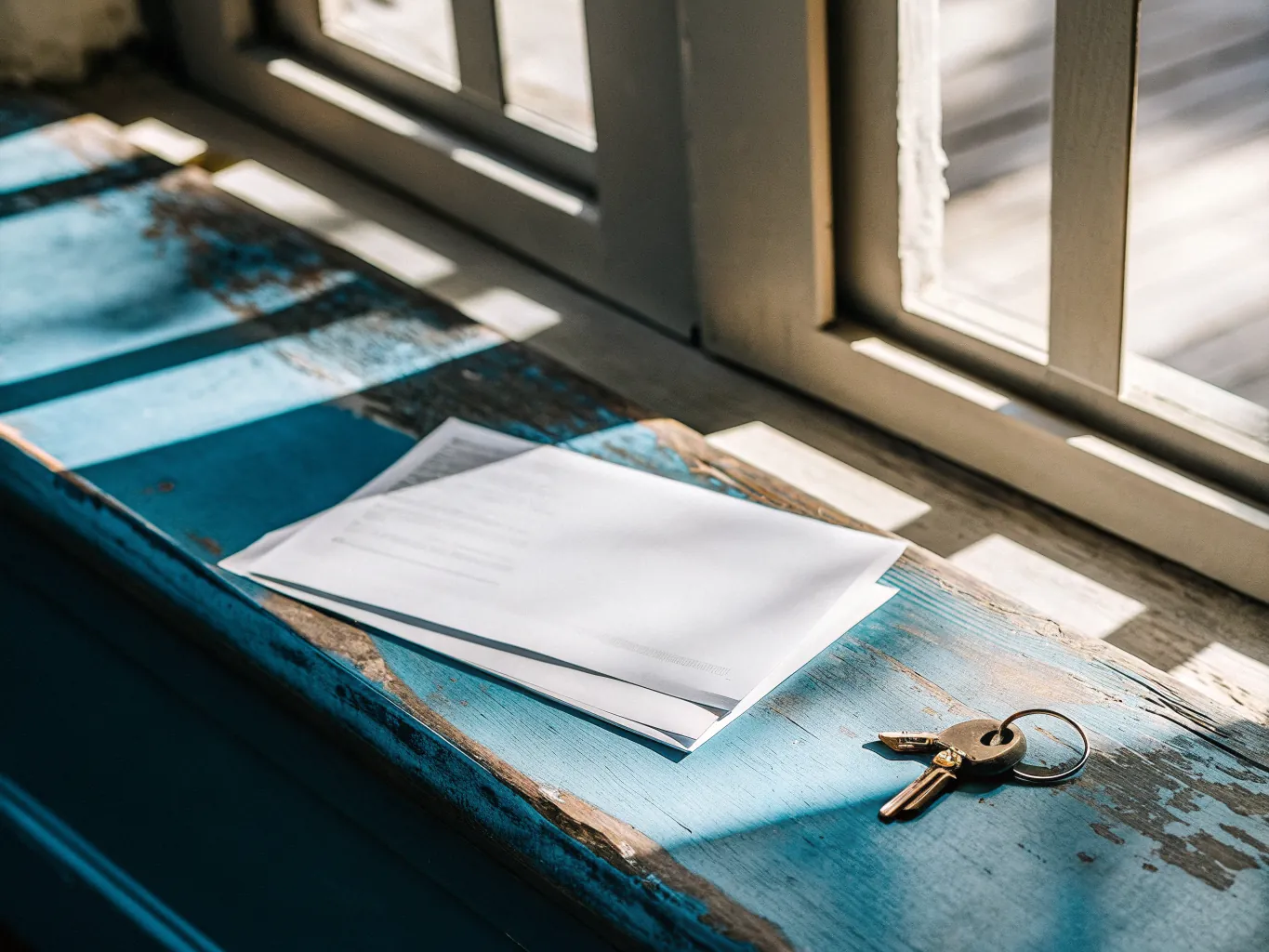 An envelope and a folded letter resting on a weathered blue-painted windowsill beside a set of brass house keys in afternoon light