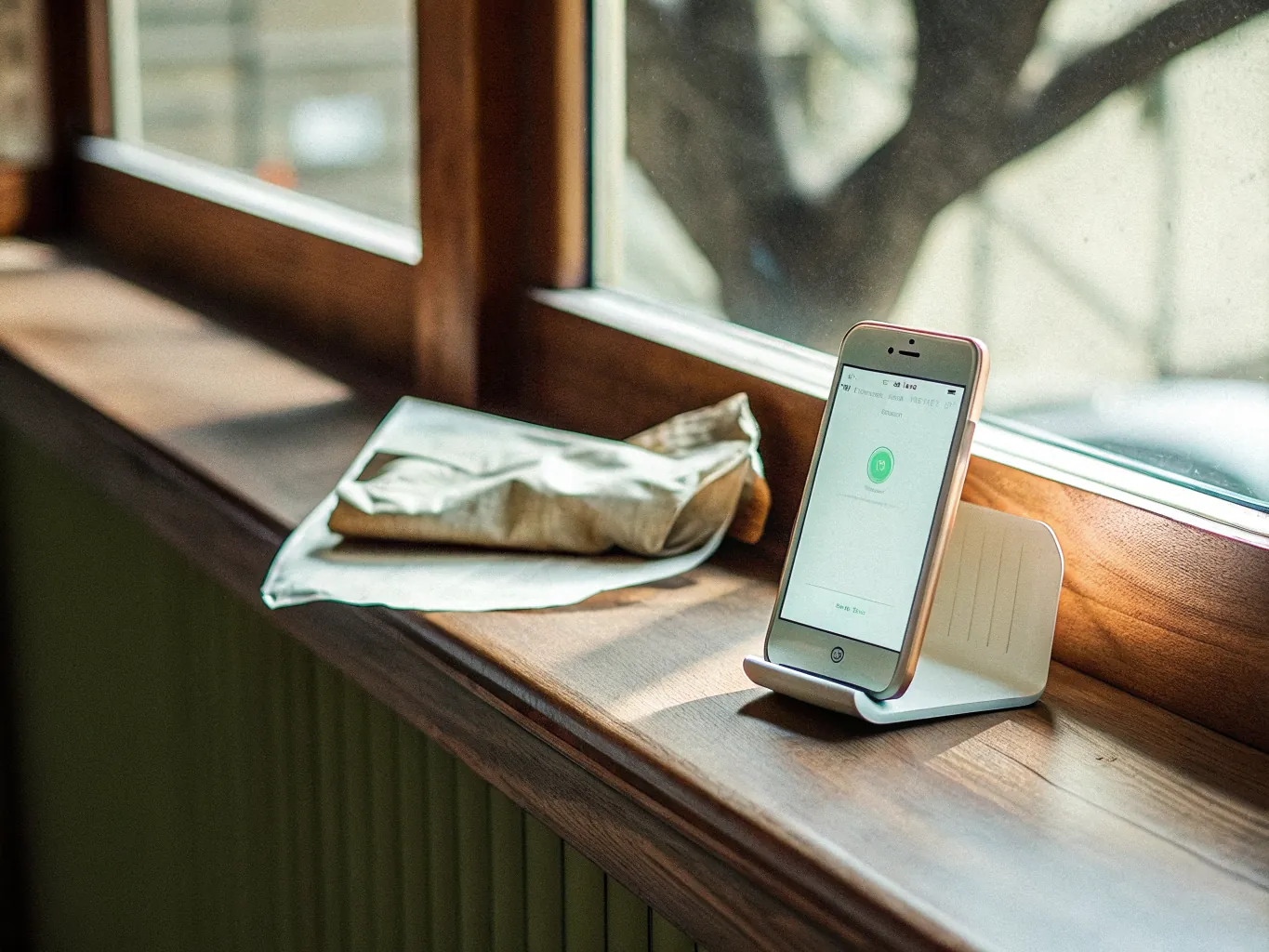 A phone on a small stand showing a green confirmation screen, on a wooden windowsill beside a crumpled paper bag