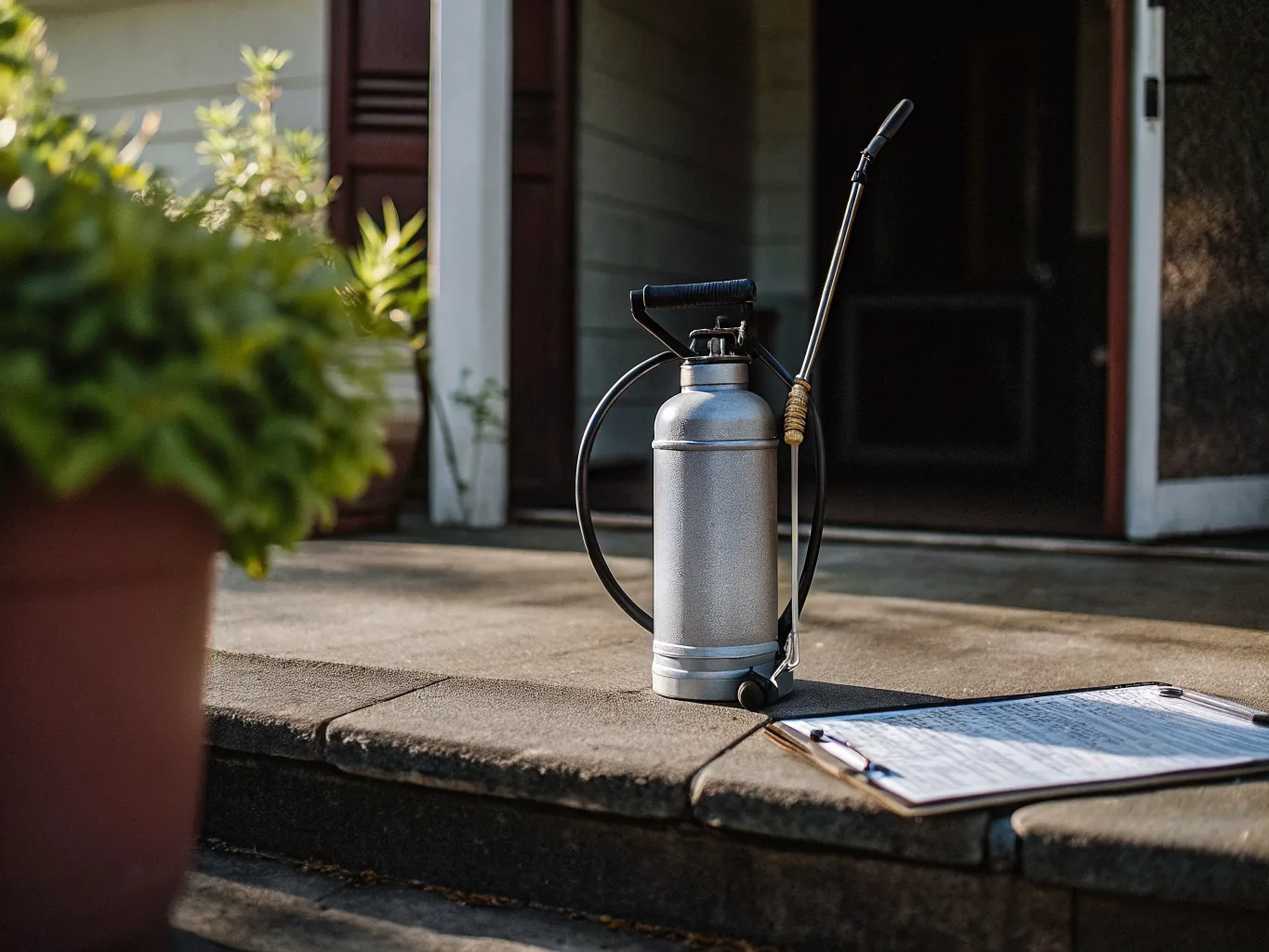 Pest control sprayer canister and a service clipboard on a suburban front porch step