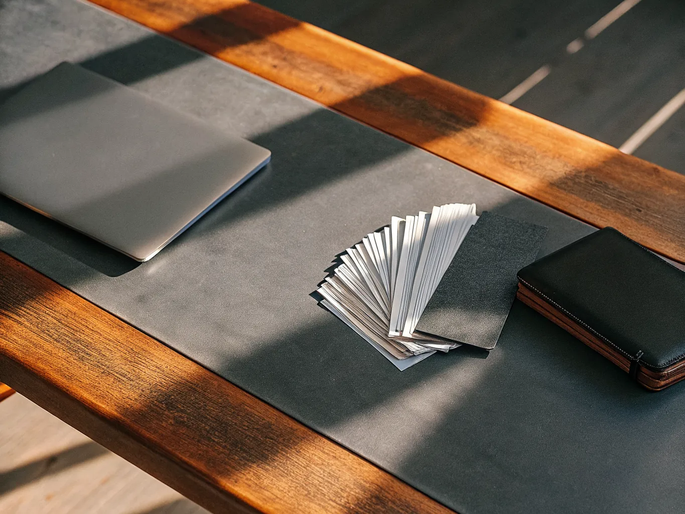 A fanned stack of printed invoices on a dark desk mat beside a closed laptop, cut by hard window light