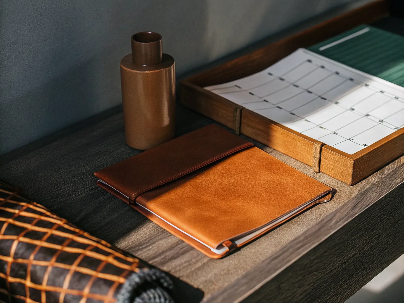 A leather document folio on a dark desk beside a paper monthly calendar in a wooden tray under warm lamplight