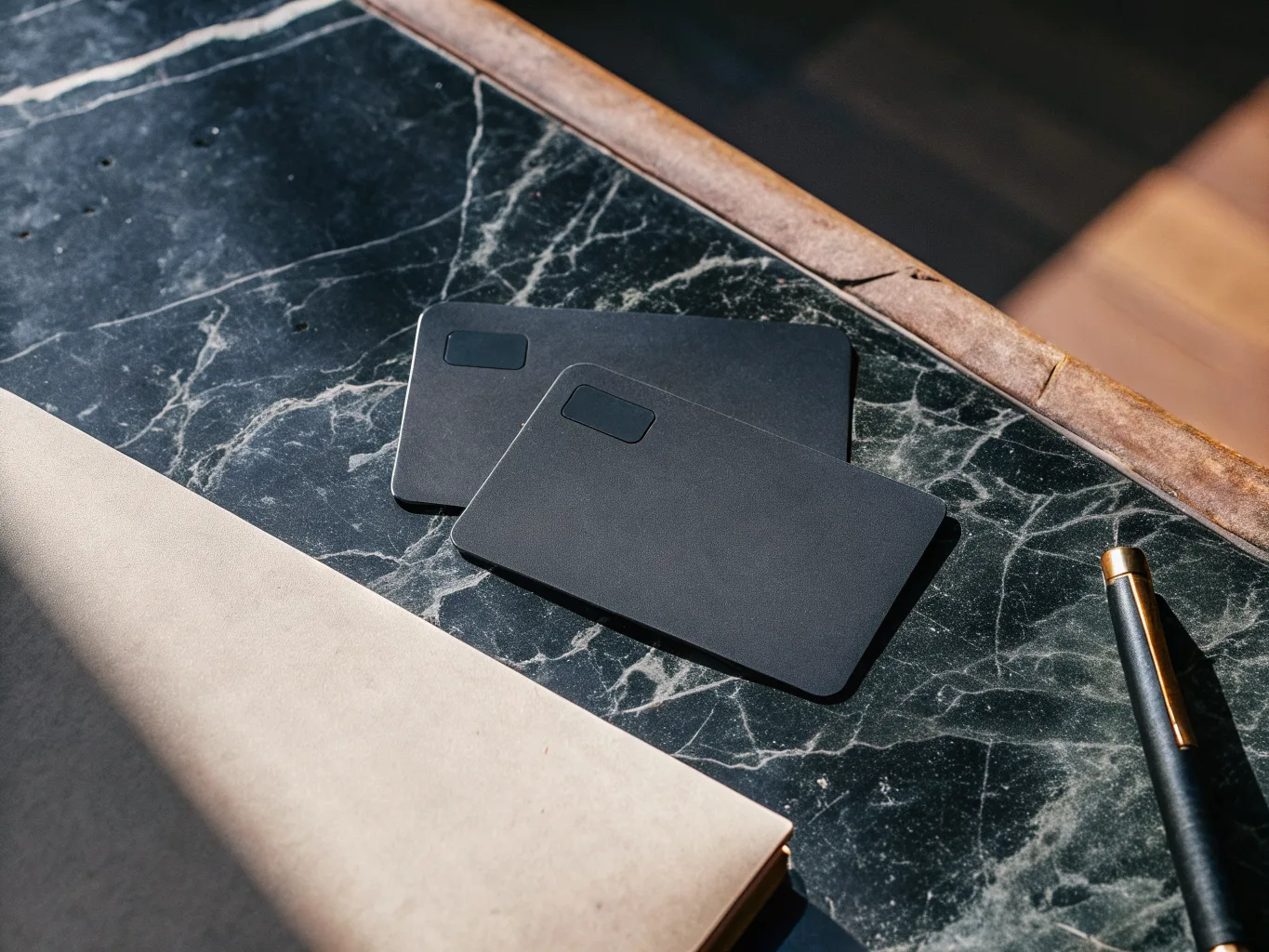 Two blank unmarked payment cards overlapping on dark marble beside a brass pen and a kraft paper envelope
