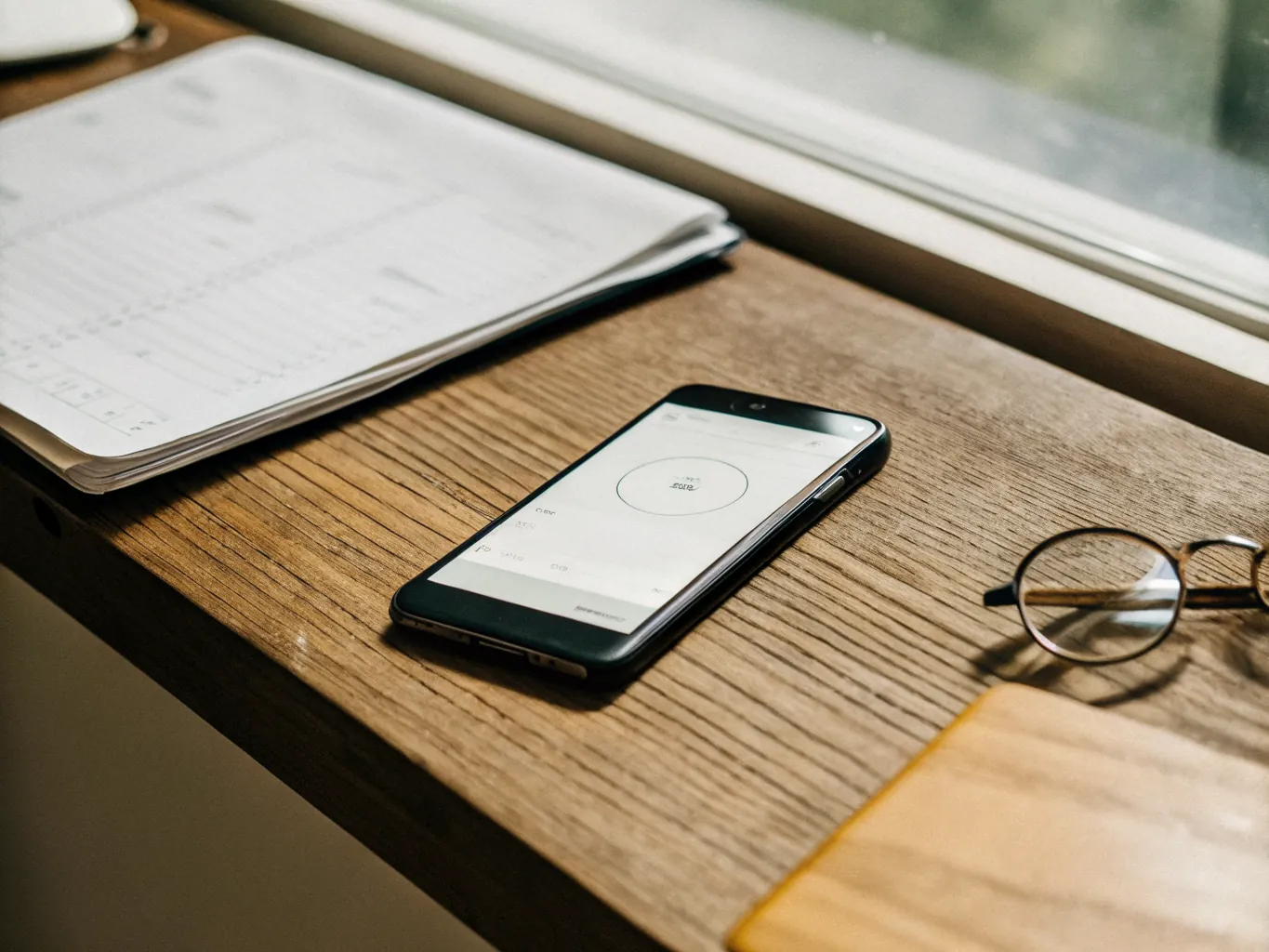 Phone showing a payment confirmation screen on a wooden desk beside a printed bank statement and reading glasses